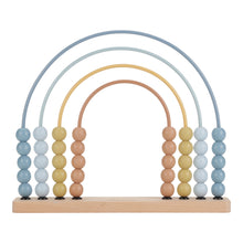 Load image into Gallery viewer, A rainbow-shaped abacus with beads in shades of blue and beige, constructed with a wooden base and metal frame.
