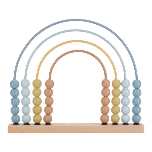 A rainbow-shaped abacus with beads in shades of blue and beige, constructed with a wooden base and metal frame.