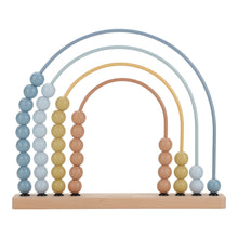 Load image into Gallery viewer, A rainbow-shaped abacus with beads in shades of blue and beige, constructed with a wooden base and metal frame.

