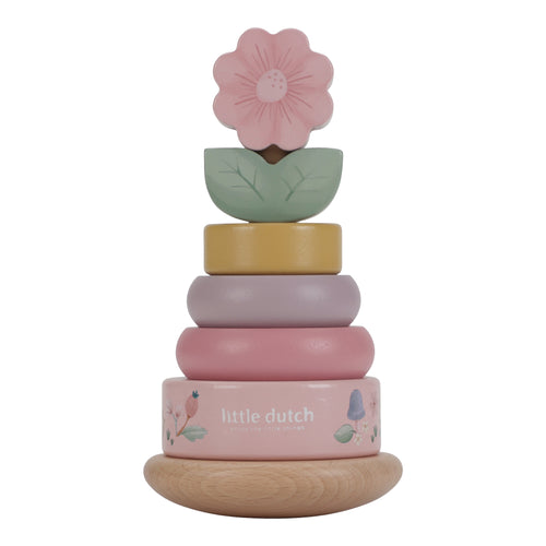 A colourful wooden rocking ring stacker toy with flower motifs and pastel rings, branded Little Dutch.