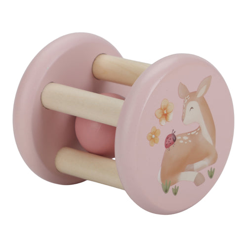 A pink and beige wooden roller rattle toy with a ball in the center and four cylindrical supports. With a pretty image of  deer and a ladybird.
