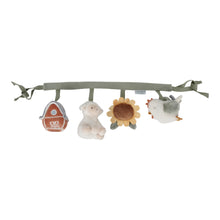 Load image into Gallery viewer, A stroller toy chain featuring plush toys including a chicken, a sunflower, sheep and farm house, attached to a grey strap, designed to dangle and entertain infants.
