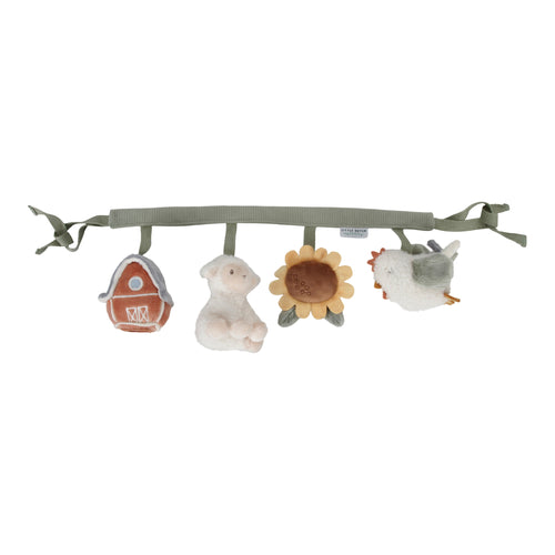 A stroller toy chain featuring plush toys including a chicken, a sunflower, sheep and farm house, attached to a grey strap, designed to dangle and entertain infants.