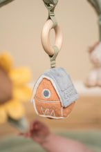 Load image into Gallery viewer, Baby rattle with house design hanging from a strap, blurred background
