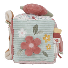 Load image into Gallery viewer, Children&#39;s soft activity cube with floral patterns and textures on a white background

