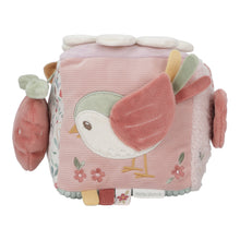 Load image into Gallery viewer, Children&#39;s soft toy cube with floral and bird design on a white background
