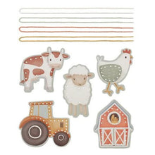 Load image into Gallery viewer, A set of lacing cards featuring farm animals and a tractor with a barn, including cards and string for lacing.
