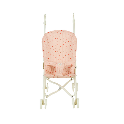 A stroller in a natural color with a pink strawberry pattern, on a white background.