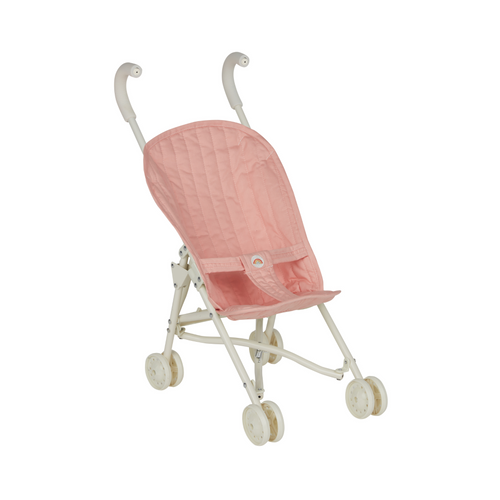 A rose-colored Olli Ella Strolley, a convertible pram and shopping trolley for children, made with a hand-crafted rattan weave and steel frame.