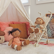 Load image into Gallery viewer, Two dolls in a child&#39;s bedroom with a teepee and colorful pillows.
