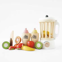 Load image into Gallery viewer, Set of wooden toy fruits and a toy juicer on a white background

