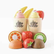 Load image into Gallery viewer, Wooden toy set of smoothie cups and fruits on a white background

