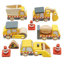 Load image into Gallery viewer, Set of wooden toy construction vehicles on a white background
