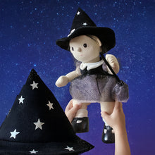 Load image into Gallery viewer, Wendy witch ollie ella doll dressed as a witch with a broom on a white 
