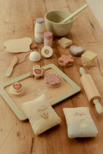 Load image into Gallery viewer, little dutch wooden Baking set. Set of toy baking items including a rolling pin, bowls, and a tray with cookies
