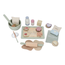 Load image into Gallery viewer, little dutch wooden Baking set. Set of toy baking items including a rolling pin, bowls, and a tray with cookies
