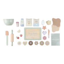 Load image into Gallery viewer, little dutch wooden Baking set. Set of toy baking items including a rolling pin, bowls, and a tray with cookies
