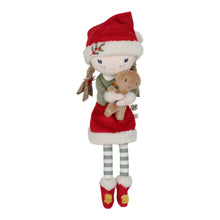 Load image into Gallery viewer, Plush toy Little dutch Rosa in Christmas attire holding a gingerbread man on a white background
