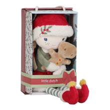 Load image into Gallery viewer, Plush toy Rosa with Santa hat and gingerbread man in packaging, featuring &#39;little dutch&#39; brand.
