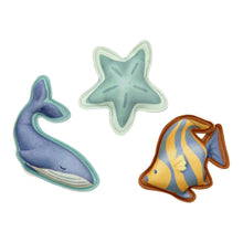 Load image into Gallery viewer, Little dutch Ocean World Dive Figures Set of three ocean-themed weighted learn to swim aids: a whale, a starfish, and a fish
