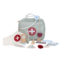 Load image into Gallery viewer, Children's toy medical kit with a green case, stethoscope, and various pretend medical tools 
