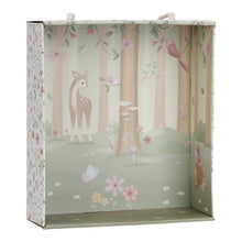 Load image into Gallery viewer, Gift bag with a forest design featuring deer, birds, and flowers on a light green background.
