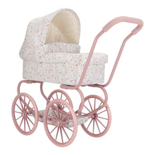 Load image into Gallery viewer, Pink vintage-style doll pram with floral fabric on a white background
