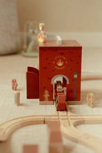 Load image into Gallery viewer, Wooden toy fire engine with a red box labeled &#39;Little Fire Engine&#39; on a beige surface.
