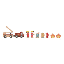 Load image into Gallery viewer, Set of toy figures and items including a fire truck, firefighters, and fire-related objects on a white background.
