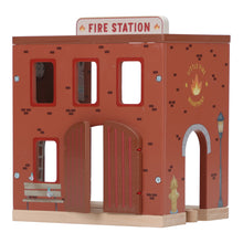 Load image into Gallery viewer, Red toy fire station with &#39;FIRE STATION&#39; sign and &#39;Little Fire Department&#39; logo on a white background.
