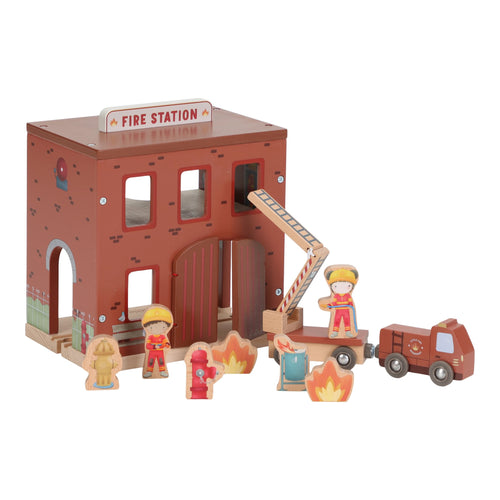 Little Dutch Fire Station Wooden toy fire station with firefighters, truck, and flames on a white background