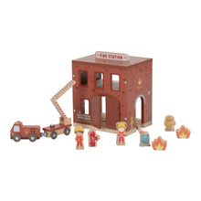 Load image into Gallery viewer, Little Dutch Fire Station Wooden toy fire station with firefighters, truck, and flames on a white background

