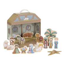 Load image into Gallery viewer, Little Dutch Wooden nativity set with stable and figures on a white 
