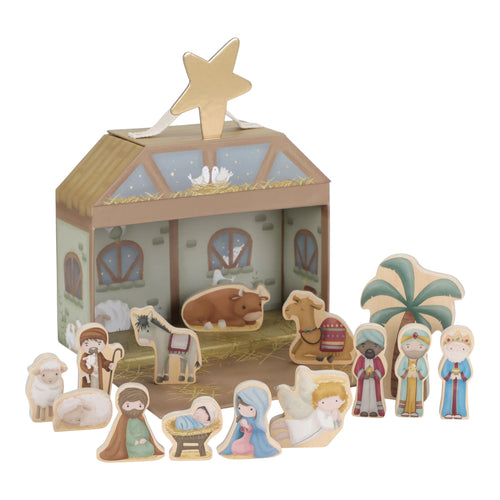 Little Dutch Wooden nativity set with stable and figures on a white background