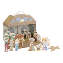 Load image into Gallery viewer, Little Dutch Wooden nativity set with stable and figures on a white 
