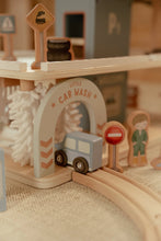 Load image into Gallery viewer, Wooden toy car wash set with toy car on a track
