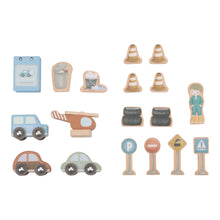 Load image into Gallery viewer, Set of wooden toy traffic signs and vehicles on a white background
