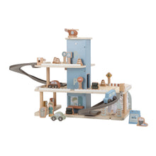 Load image into Gallery viewer, Little Dutch Parking Garage Wooden toy parking garage with cars and track on a white background
