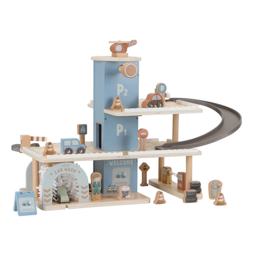 Little Dutch Parking Garage Wooden toy parking garage with cars and track on a white background
