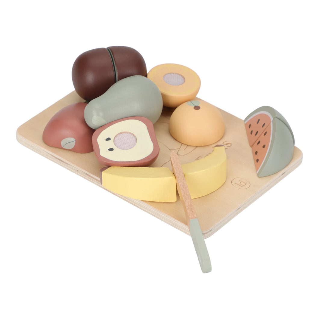 Wooden toy fruit set on a tray with a white background