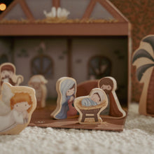 Load image into Gallery viewer, Wooden nativity scene figures in front of a stable
