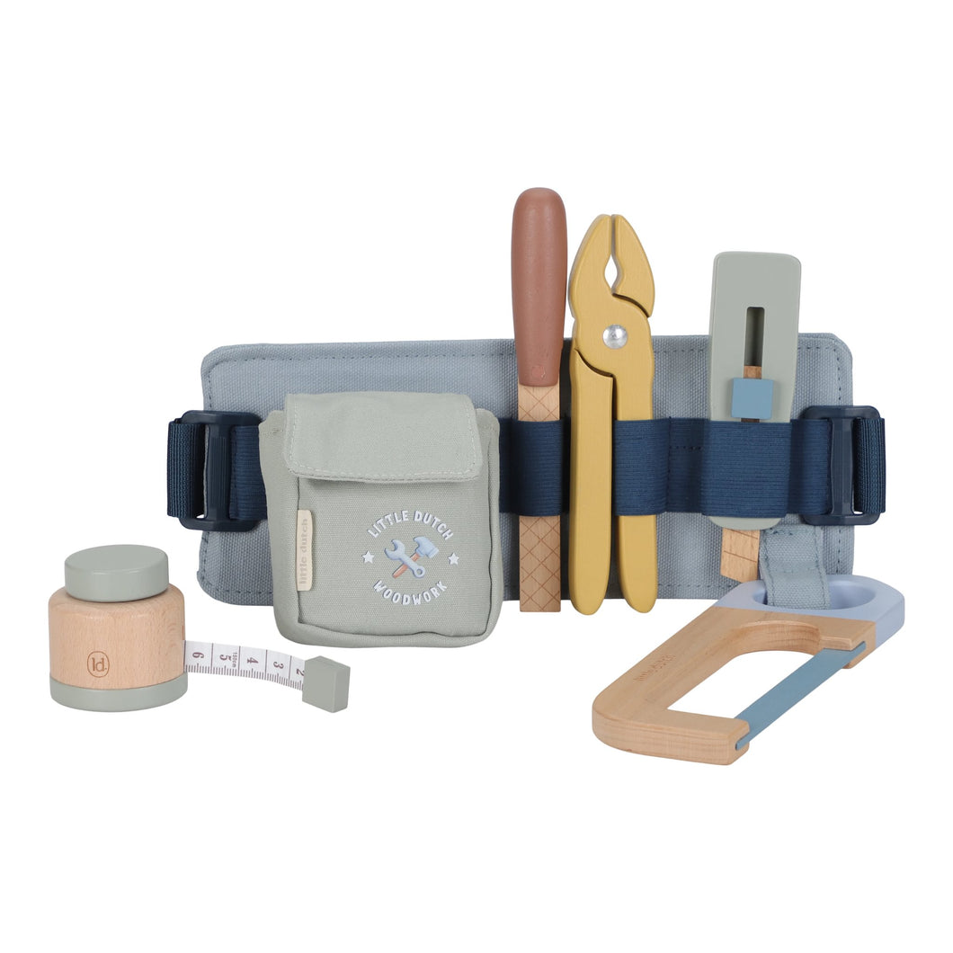 Toy tool belt with various tools on a white background