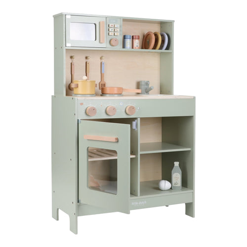 Children's play kitchen set with various accessories on a white background