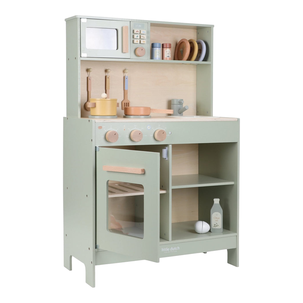 Children's play kitchen set with various accessories on a white background