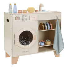 Load image into Gallery viewer, Wooden play washing machine kitchen set with washing machine and shelves, featuring Little Dutch branding.
