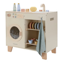 Load image into Gallery viewer, Children's play washing machine set with washing machine, shelves, and various items on a white background.
