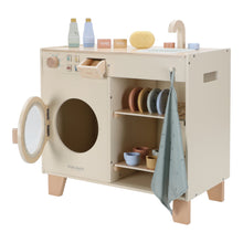 Load image into Gallery viewer, Wooden play washing machine kitchen set with washing machine and shelves, featuring Little Dutch branding.

