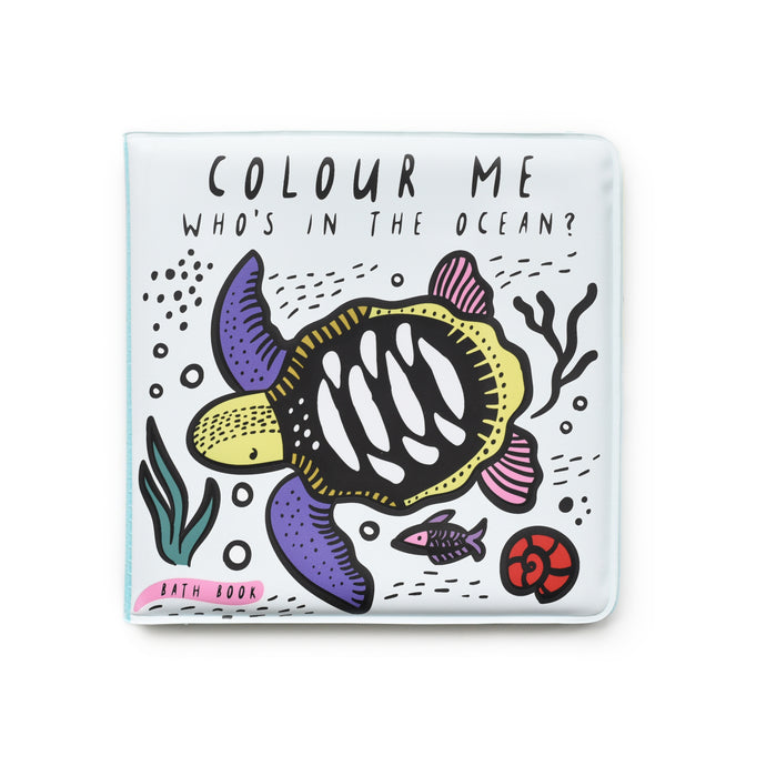 Colour me - Who's in the ocean Book Wee Gallery Water Toy Sensory Physical Play observe educational Colour Book Black and white Bath Animals