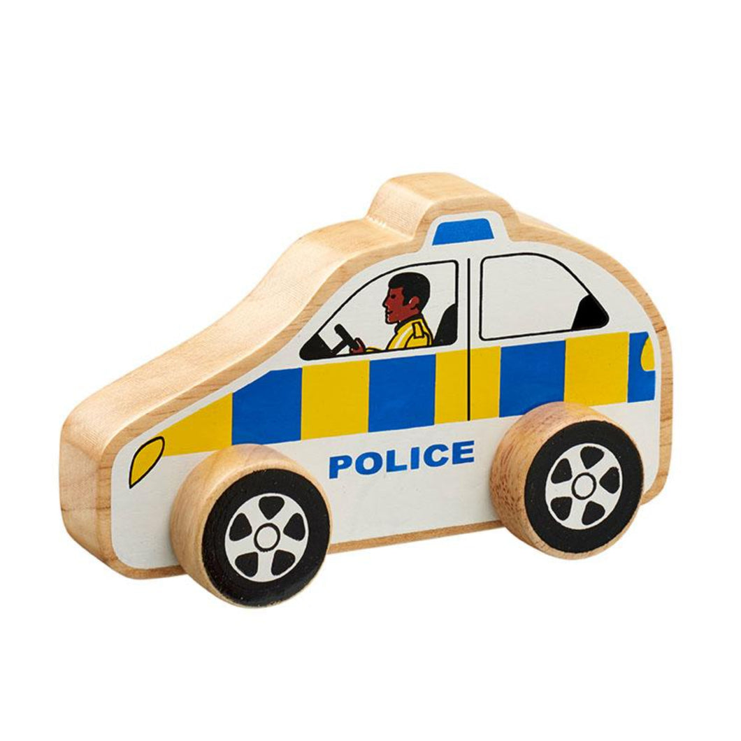 chunky wooden police car push along, bright, double sided, colourful design natural wood edge. baby or toddler's imagination flowing helping them to develop their fine motor skills, hand eye co-ordination and imaginative play. recommended play age is 1-5 years old. fair trade handcrafted sustainably sourced rubberwood and non toxic paints. Wooden toys, educational toys, preschool toys, colours, animals, learning, learning through play, pre school, toddler toys, Lanka Kade, Good Little Egg