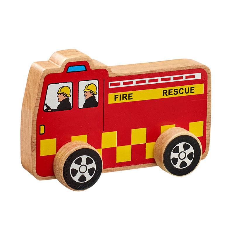 chunky wooden fire engine push along, bright, double sided, colourful design natural wood edge.  baby or toddler's imagination flowing helping  them to develop their fine motor skills, hand eye co-ordination and imaginative play. recommended play age is 1-5 years old.  fair trade handcrafted sustainably sourced rubberwood and non toxic paints.  Wooden toys, educational toys, preschool toys, colours, animals, learning, learning through play, pre school, toddler toys, Lanka Kade, Good Little Egg